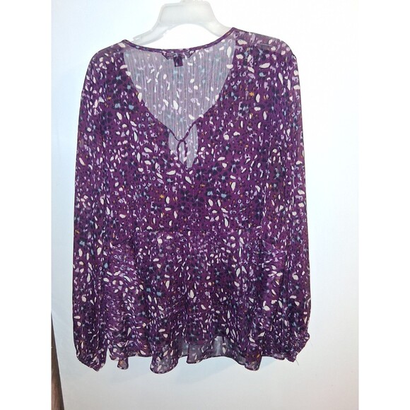 Zac & Rachel Sheer Purple Leopard Print Long Sleeve V-neck Blouse Sz 2X - Picture 3 of 3
